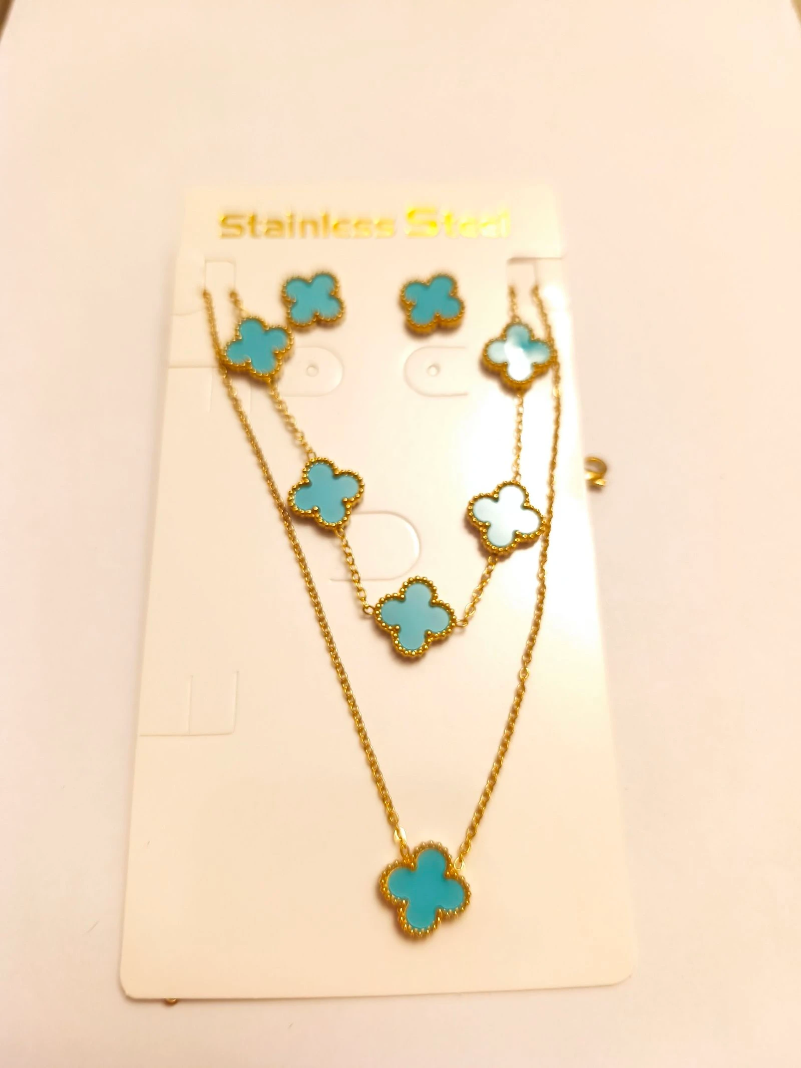 Conjunto de gargantilha pulseira e brincos de trevo cor turquesa – photo 4